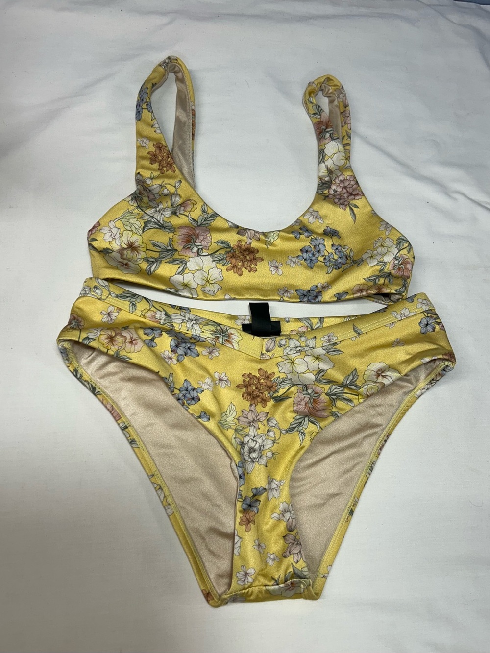 LA Hearts Yellow Floral Bikini Set Scoop Top High Leg Swimwear XS